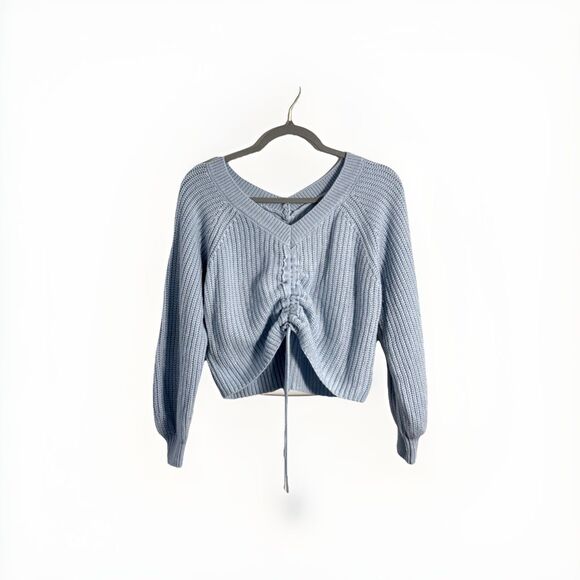 JOLIE & JOY Cropped V Neck Sweater with Drawstring Adjustable Hem Light Blue-S - Picture 2 of 10